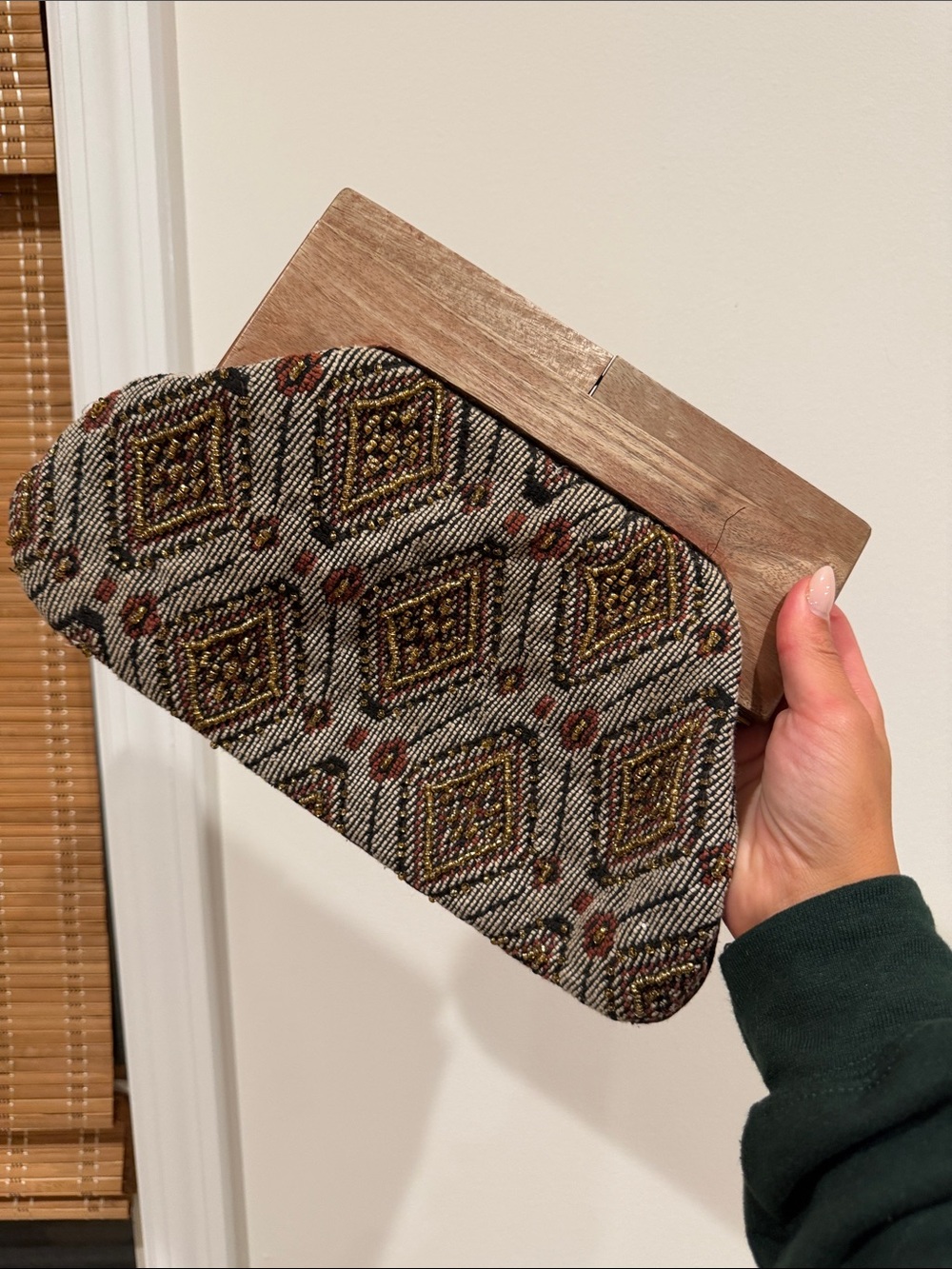 Beaded Geometric Clutch in Black, Gold & Brown